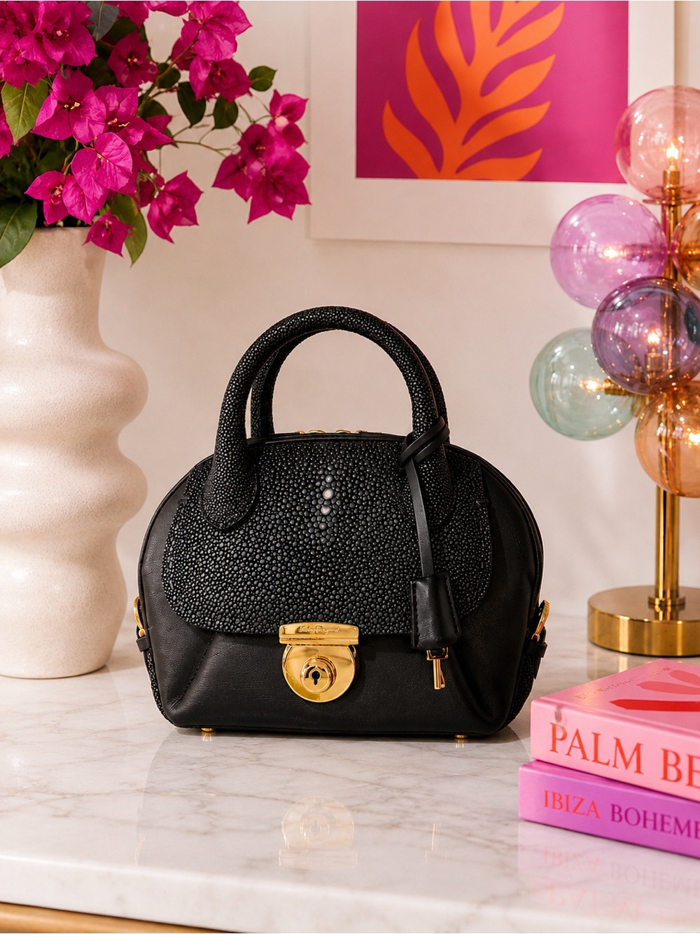Ferragamo Fiamma Mini Stingray Satchel | Black Galuchat Leather | Top Handle Bag